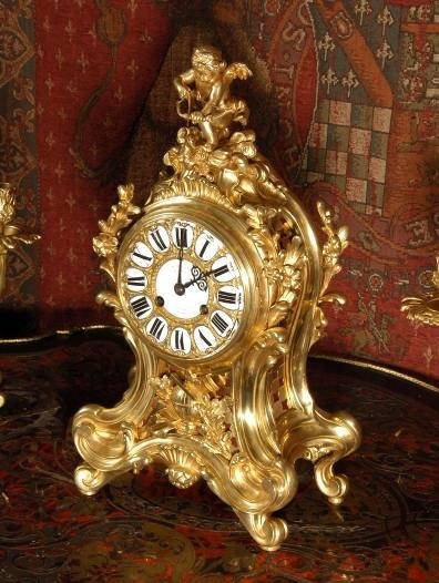 fig 1. ***** SOLD ***** Superb Rococo Table Clock Set ~ Cupid by Samuel Marti